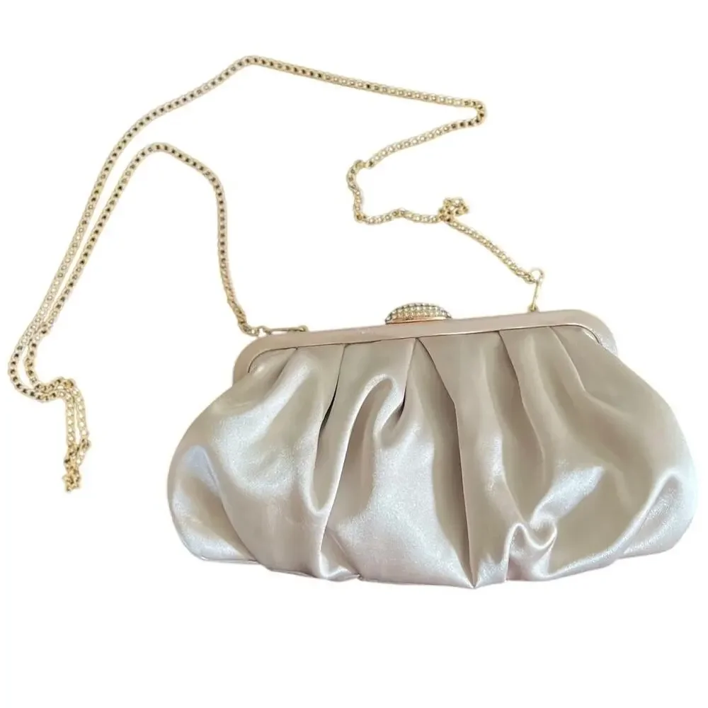 Kelly & Katie Evening Bag Pleated Clutch Satin Champagne Gold Rhinestone Chain